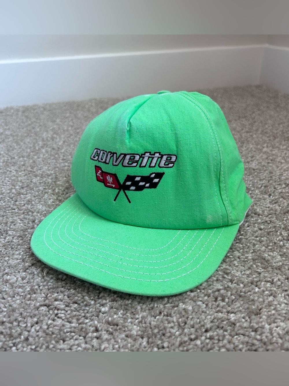 Vintage Corvette Snapback Hat Neon Green Retro Chevy Logo Baseball Cap